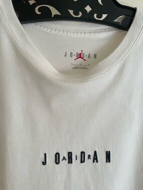Jordan White Tee with Black Embroidered Lettering and Red Jumpman